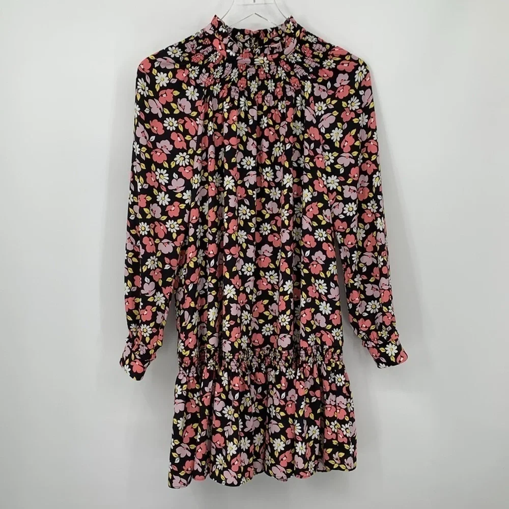 Kate Spade Road Trip floral shift dress smocked long sleeve ruffle black pink XS